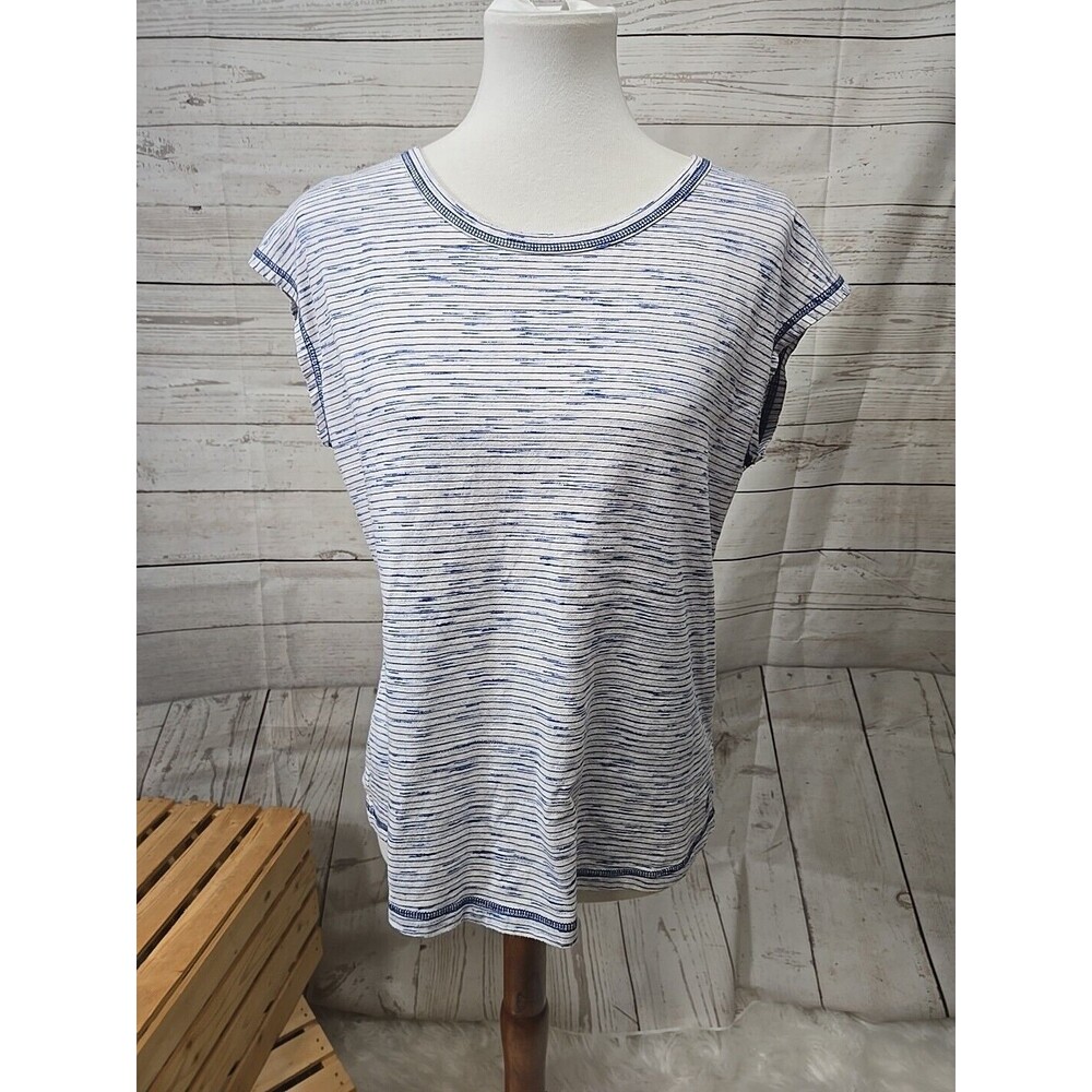 T By Talbots Shirt Women's LP White Blue Cut Out‎ Ruched Cotton Blend Stretch
